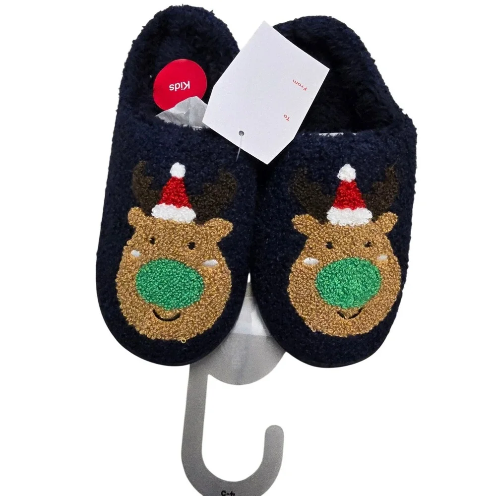 Family PJs Kids Reindeer Christmas Slippers Navy Blue Sherpa S 4-5 NWT